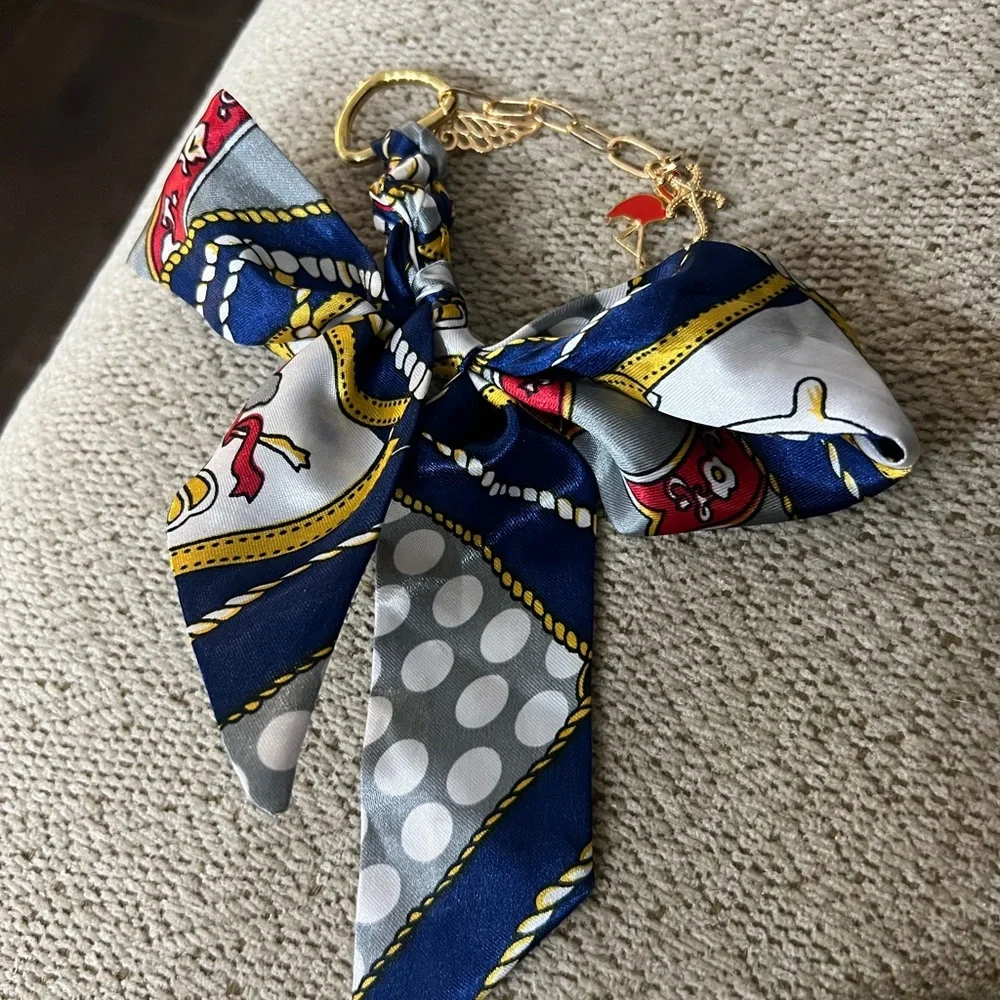 Nautical Polka Dot Bow Keychain Purse Charm with Charms star and flamingo
